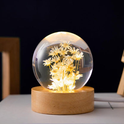 3D Dandelion Flowers Transparent Crystal Ball Lamp with Beech Wooden Base - Perfect Decorative Night Light - Natural Sleep