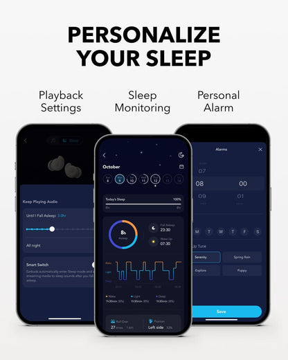 Soundcore Sleep A20 di Anker, auricolari per dormire che limitano i rumori, design compatto per chi dorme sul fianco, 80 ore di autonomia, Bluetooth 5.3, monitora il sonno, sveglia personalizzabile - Natural Sleep