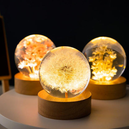 3D Dandelion Flowers Transparent Crystal Ball Lamp with Beech Wooden Base - Perfect Decorative Night Light - Natural Sleep