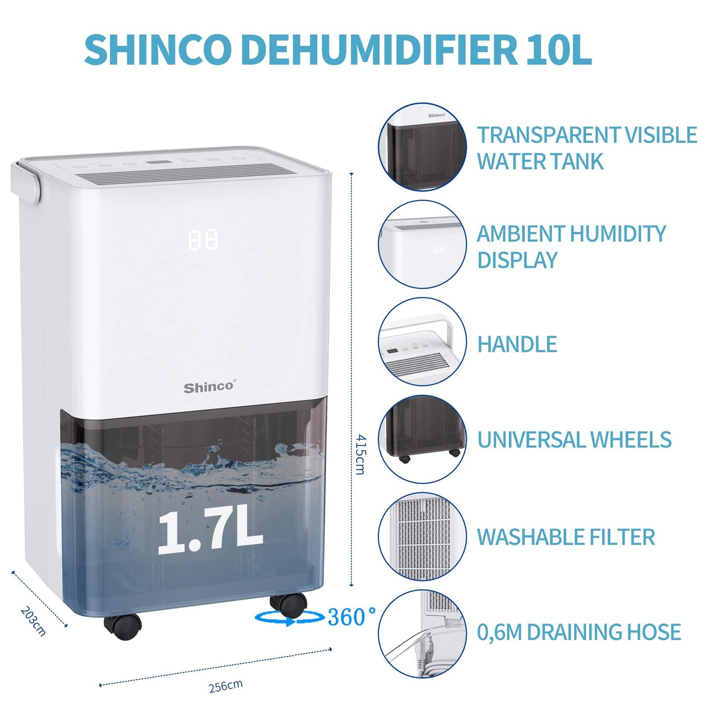 SHINCO 10L/Day Energy Efficient Electric Compressor Dehumidifier for home,Carbon Air Purifier, Continuous Drainage，Auto Restart，Laundry Drying，24 Hour Timer，Damp Mould Control - NaturalSleep.shop