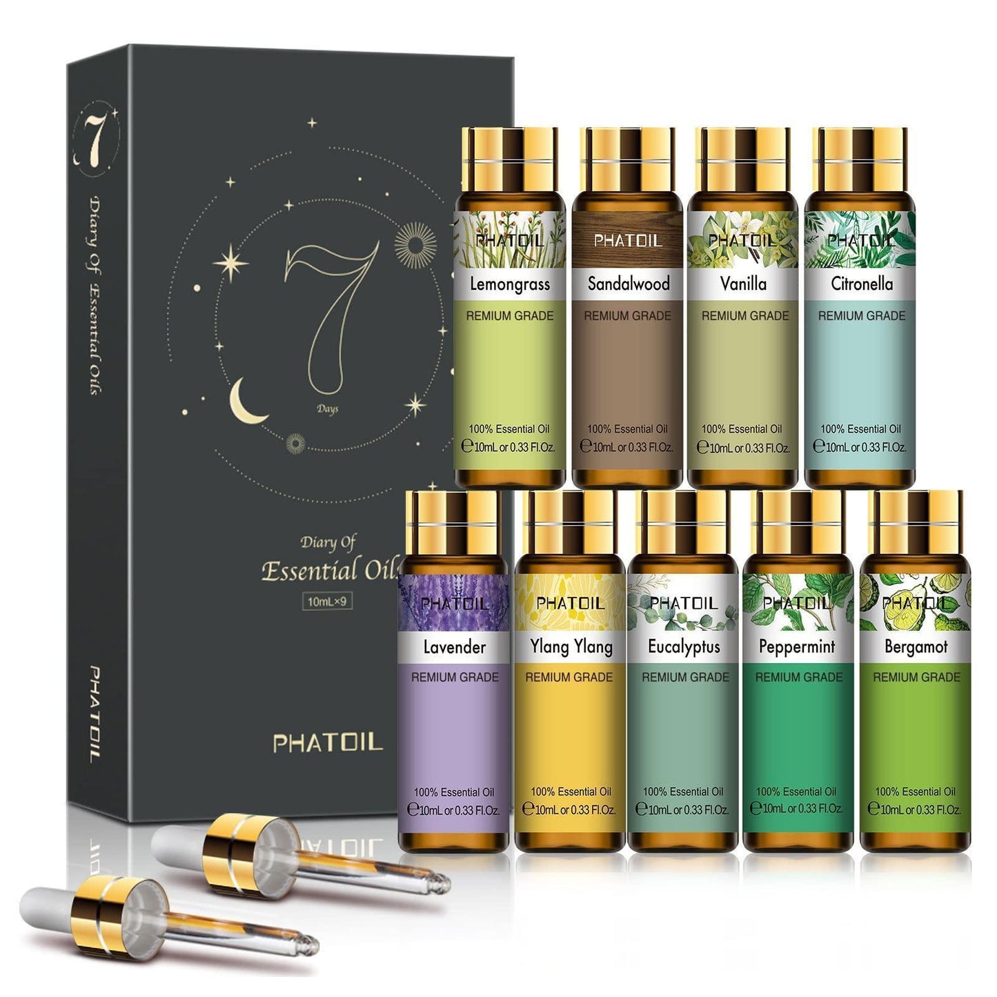 PHATOIL Essential Oils Gift Set 9 x 10ml, Pure Premium Grade Aromatherapy Oils - Lavender, Eucalyptus, Ylang Ylang, Vanilla, Peppermint, Sandalwood, Lemongrass, Bergamot, Citronella - Natural Sleep