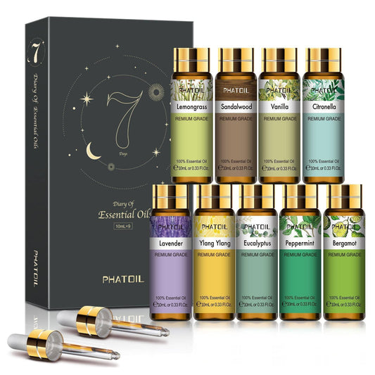 PHATOIL Essential Oils Gift Set 9 x 10ml, Pure Premium Grade Aromatherapy Oils - Lavender, Eucalyptus, Ylang Ylang, Vanilla, Peppermint, Sandalwood, Lemongrass, Bergamot, Citronella - Natural Sleep