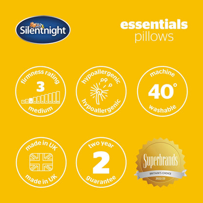 Silentnight Essentials Pillows 2 Pack - Soft Comfortable Soft Medium Support Pillows for Front, Stomach, Back and Side Sleepers - Hypoallergenic and Machine Washable - Pack of 2 - Natural Sleep