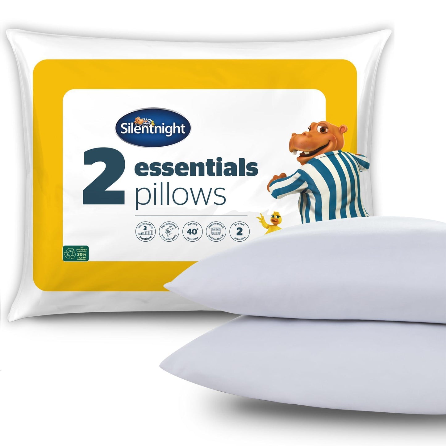 Silentnight Essentials Pillows 2 Pack - Soft Comfortable Soft Medium Support Pillows for Front, Stomach, Back and Side Sleepers - Hypoallergenic and Machine Washable - Pack of 2 - Natural Sleep