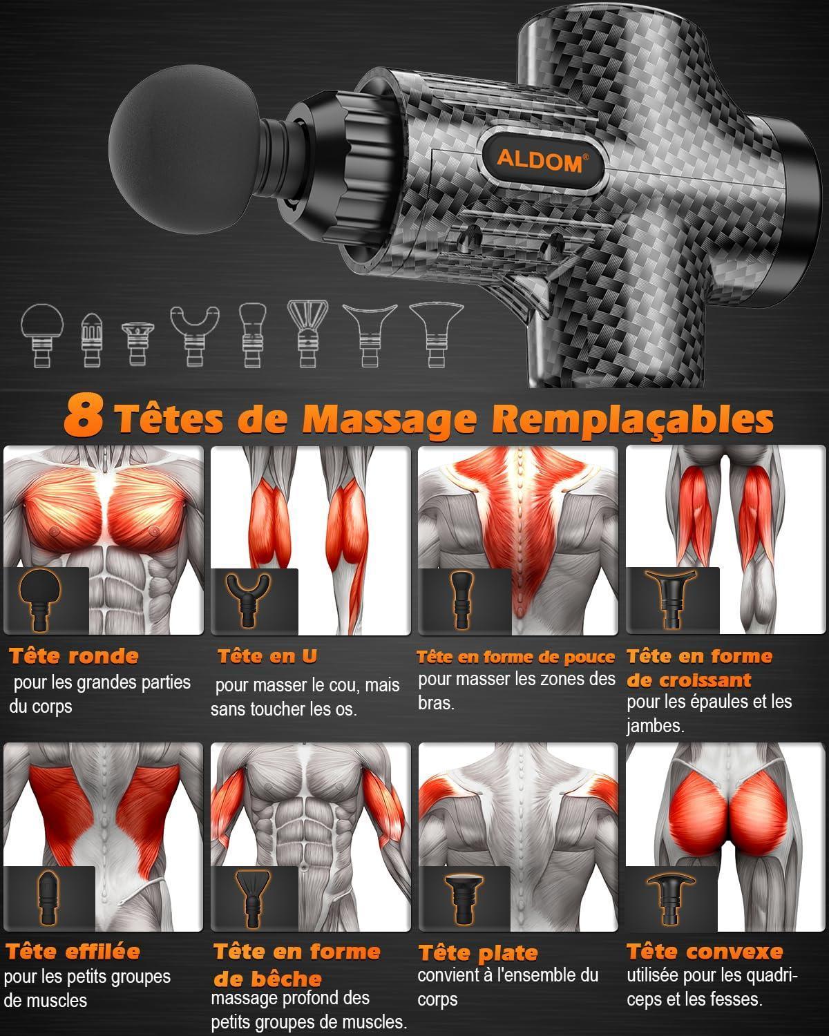 Pistolet de Massage Musculaire ALDOM Appareil de Massage Masseur de Muscle Profonds avec 30 Niveaux Réglables, 6 Têtes de Massage et l'Écran LCD Pour Soulager Douleurs et Raideurs Musculaires - Natural Sleep