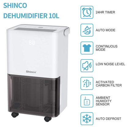 SHINCO 10L/Day Energy Efficient Electric Compressor Dehumidifier for home,Carbon Air Purifier, Continuous Drainage，Auto Restart，Laundry Drying，24 Hour Timer，Damp Mould Control - NaturalSleep.shop