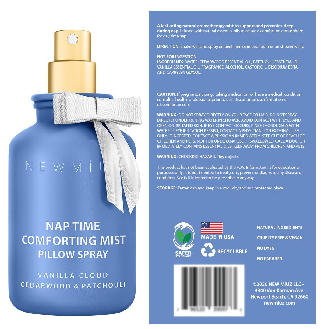 Nap Time Pillow Spray - Vanilla Cedarwood Essential Oils Natural - Fast Acting Aromatherapy Mist for Restful Sleep Relaxation Calming Stress Relief - Bedtime & Shower Spray Luxury Self Care Gift - Natural Sleep