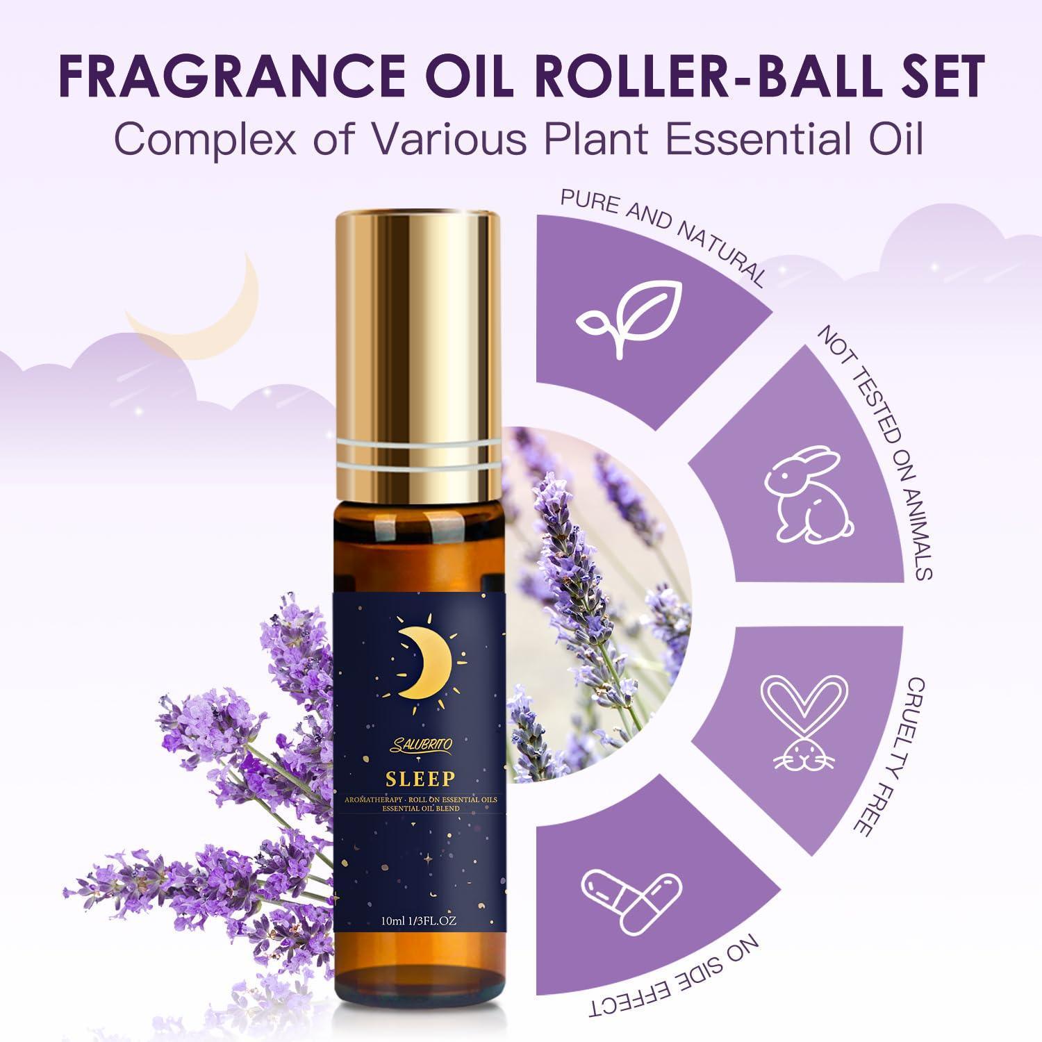 SALUBRITO Essential Oil Roll On Set, 6x10ml Aromatherapy Oil Roller Ball with Lavender, Peppermint Essential Oil Blend for Skin, Anxiety Relief, Relaxation Gift for Women - Sleep, Breathe - Natural Sleep