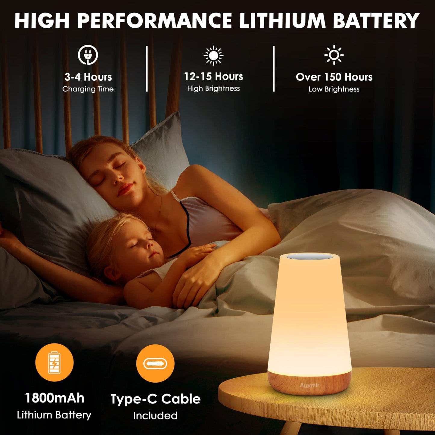 Auxmir Night Light, LED Touch Bedside Table Lamp, Remote Control Dimmable Light with RGB Color Changing, USB Rechargeable, Portable Lamp for Children, Kids, Bedroom, Living Room, Camping - Natural Sleep