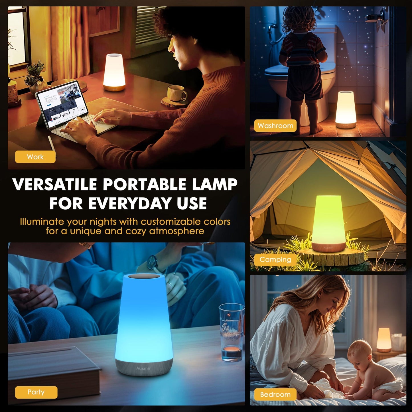 Auxmir Night Light, LED Touch Bedside Table Lamp, Remote Control Dimmable Light with RGB Color Changing, USB Rechargeable, Portable Lamp for Children, Kids, Bedroom, Living Room, Camping - Natural Sleep