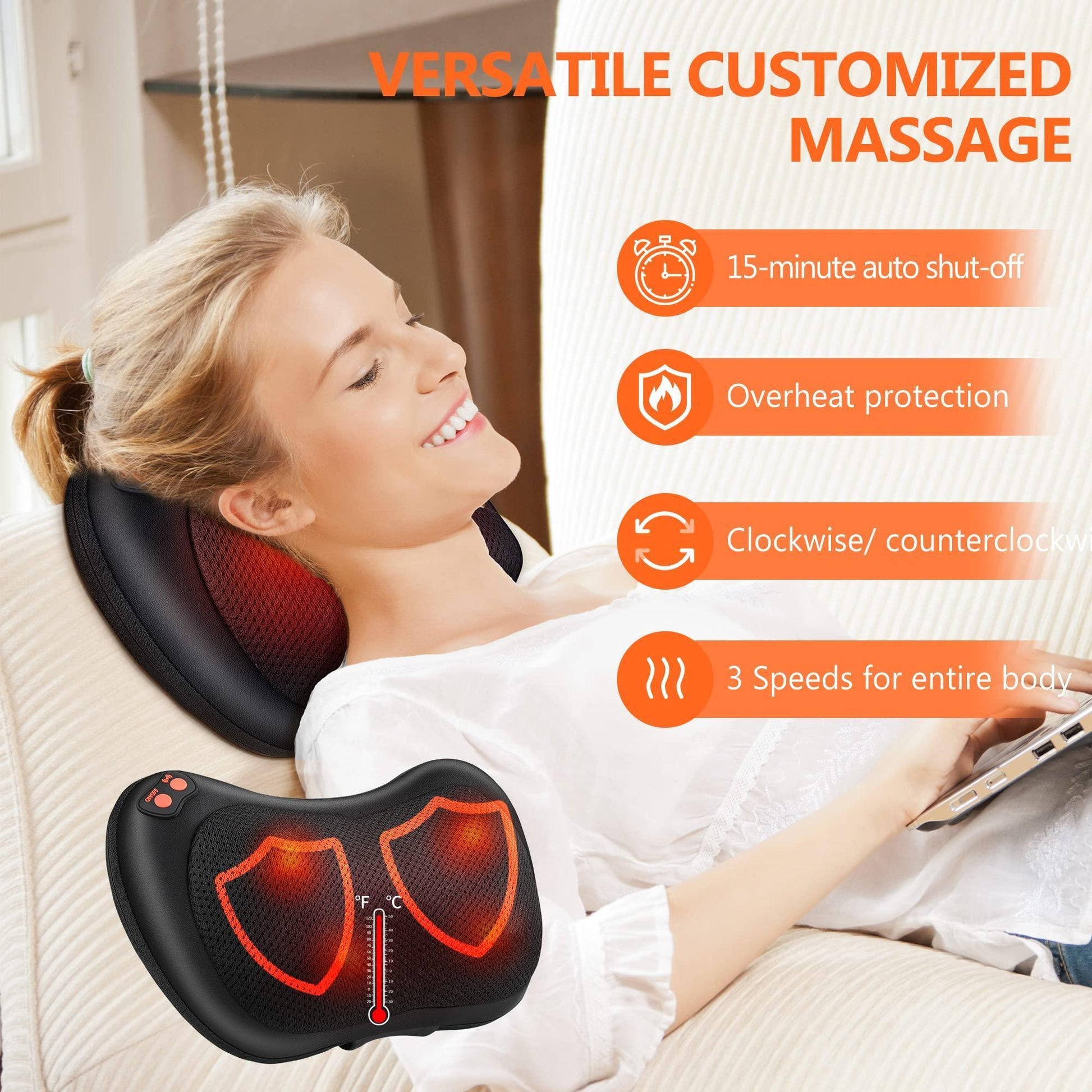 Coussin Massage Shiatsu, Masseur Dos chauffrant avec 4 Nœuds et 3 Vitesses Réglable, Rotation dans Deux Sens, Appareil de Massage pour Cou, Pieds, Cervical - Natural Sleep