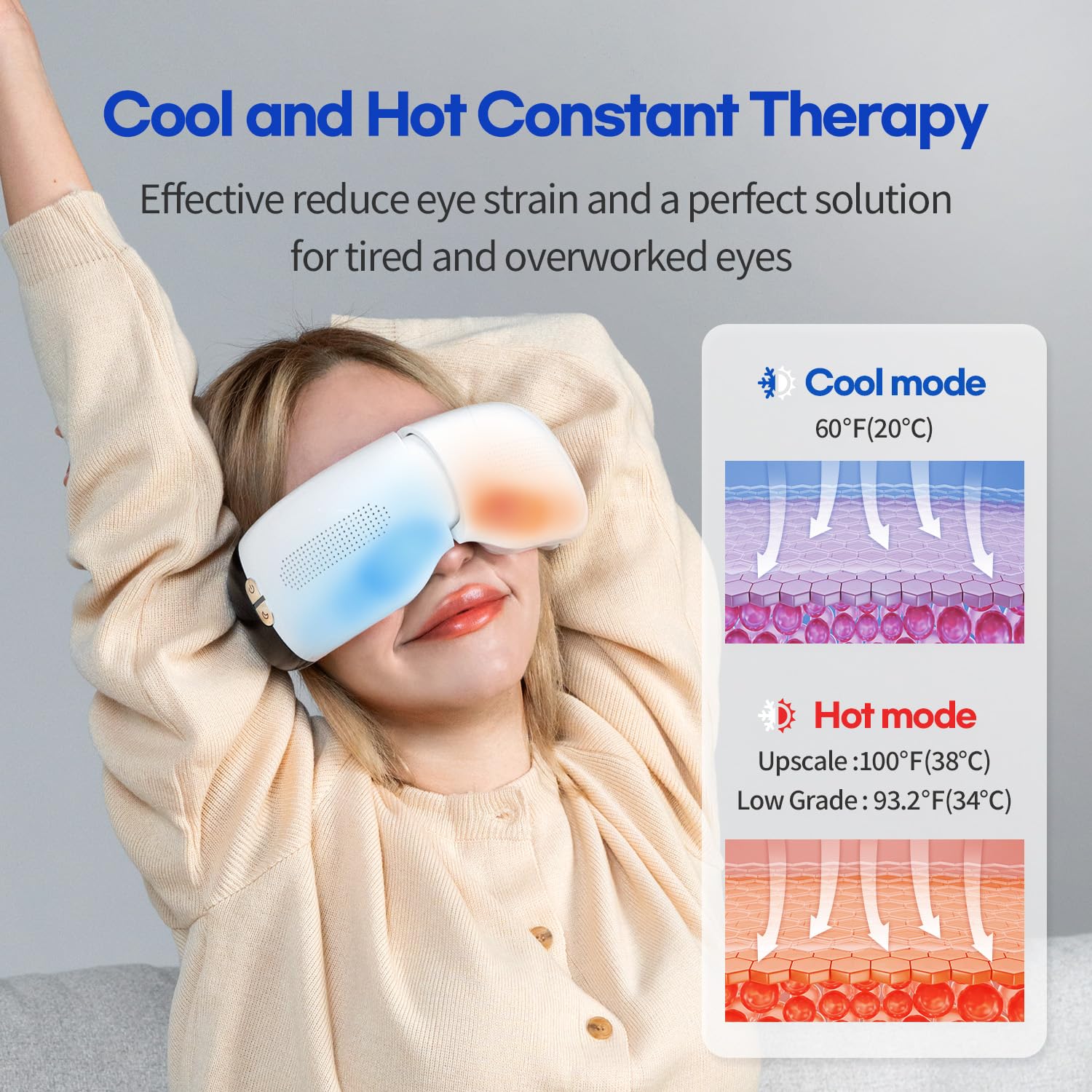 HubiCare Eye Massager with Heat and Cooling Eye Masks for Dark Circles Puffiness 3D Airbag Kneading Vibration Eye Massage for Migraines Bluetooth Music Eye Care for Dry Eyes Sleep Relax (White) - Natural Sleep