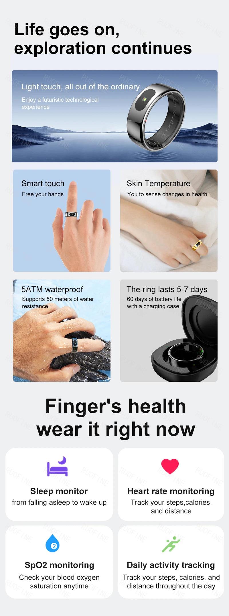 Qring Smart Ring R08 Women's Men Remote Control Electronic Swimming Blood Pressure Monitor Temperature Sleep Tracker Android IOS - NaturalSleep.shop