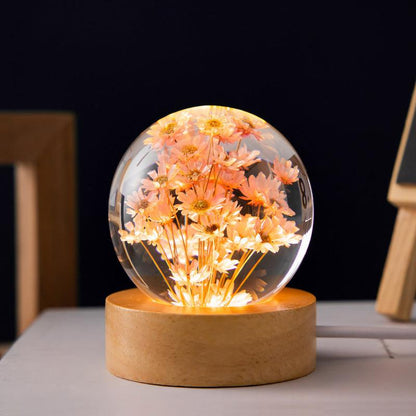 3D Dandelion Flowers Transparent Crystal Ball Lamp with Beech Wooden Base - Perfect Decorative Night Light - Natural Sleep