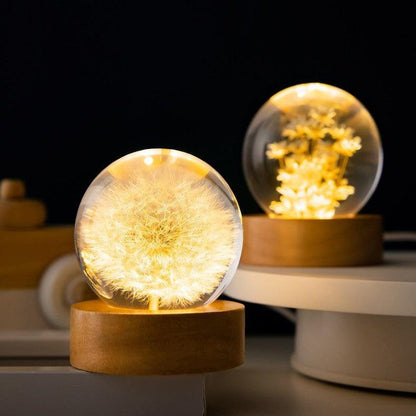 3D Dandelion Flowers Transparent Crystal Ball Lamp with Beech Wooden Base - Perfect Decorative Night Light - Natural Sleep